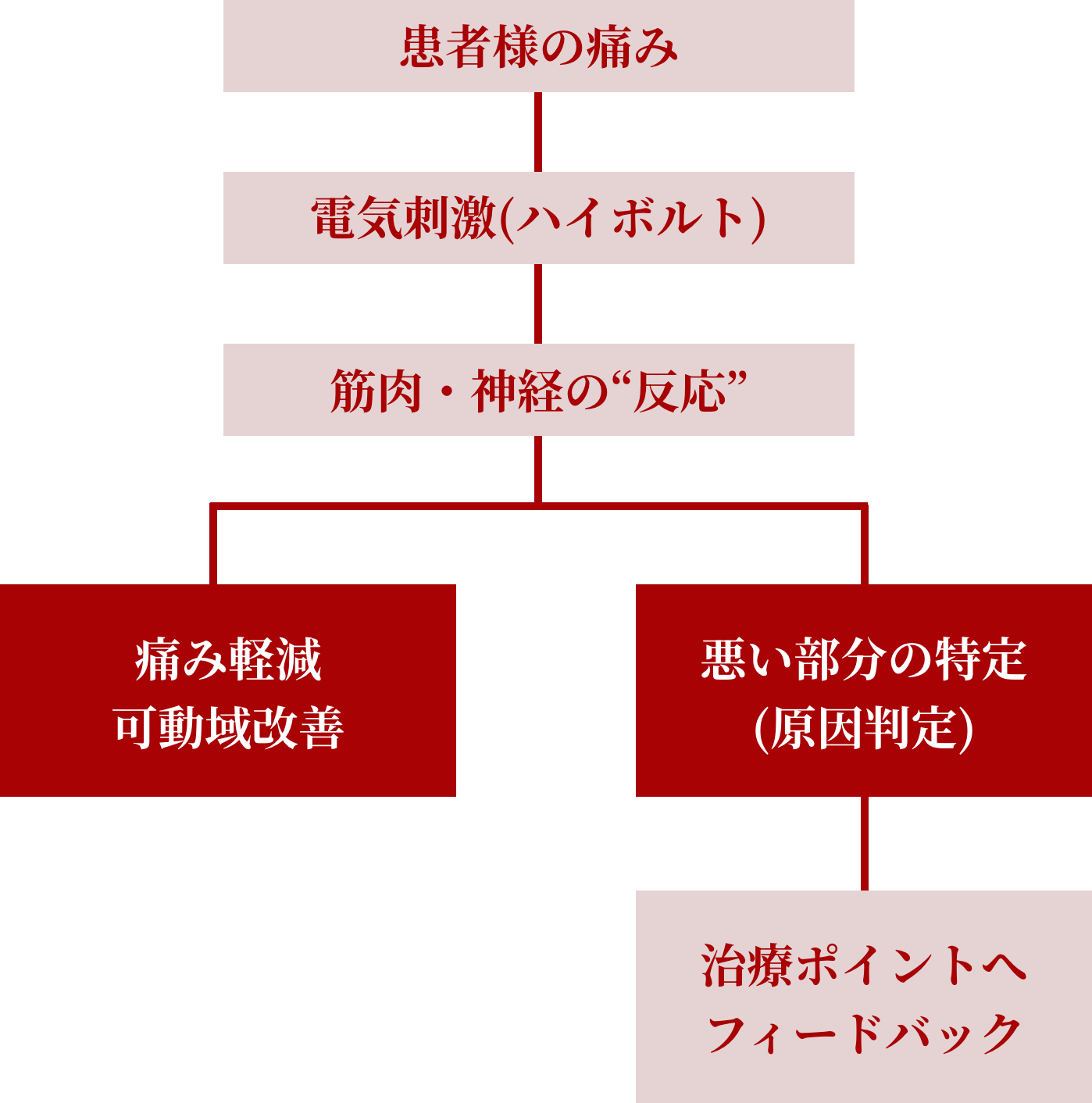 患者様の痛み→電気刺激(ハイボルト)→筋肉・神経の反応→痛み軽減
可動域改善、治療ポイントへフィードバック